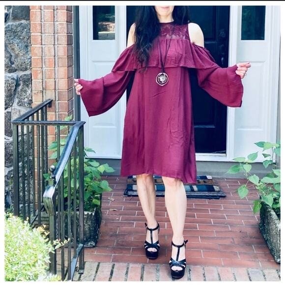 Cold Shoulder Burgundy Dress Long Sleeve Layered Ruffle Detail - Picture 7 of 9